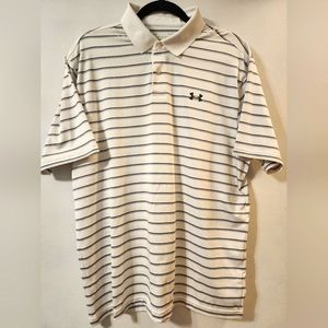 Men’s Large Under Armor Golf Polo White with Gray Stripe **Last Chance**
